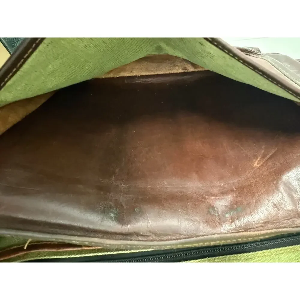 Vintage Brown Leather Messenger Bag-Distressed Patina, Brass Buckle, Green Liner